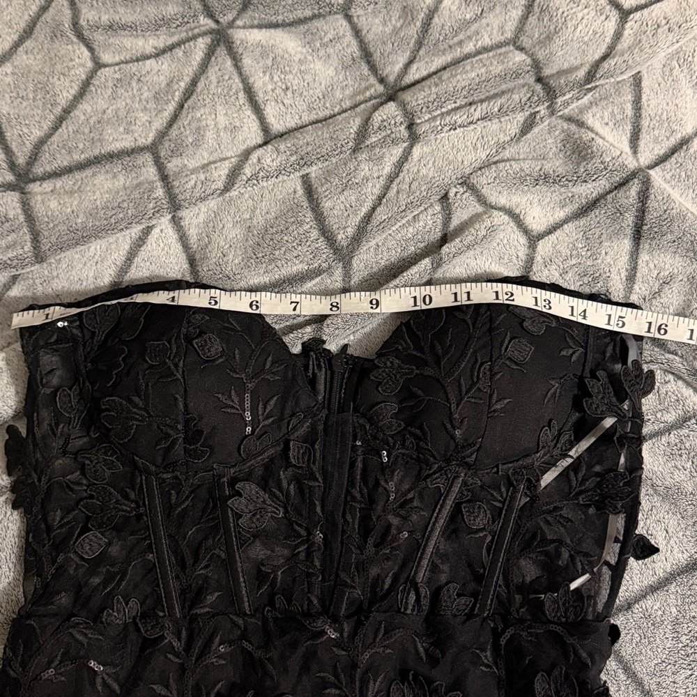 MIDNIGHT SPARKLE BLACK EMBROIDERED FEATHER BUSTIER MAXI DRESS - Picture 5 of 10
